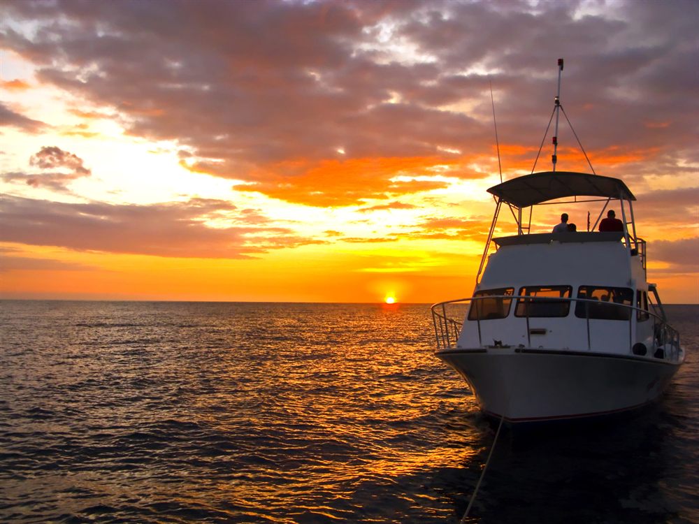 A small motor yacht on calm water under a golden sunset